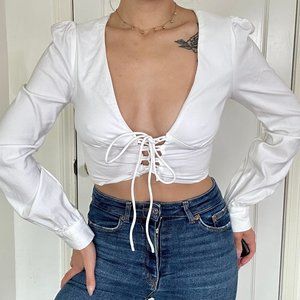 Blue Blush White Women Long Sleeve Crop Tops Going Out Top Ribbed  Size S